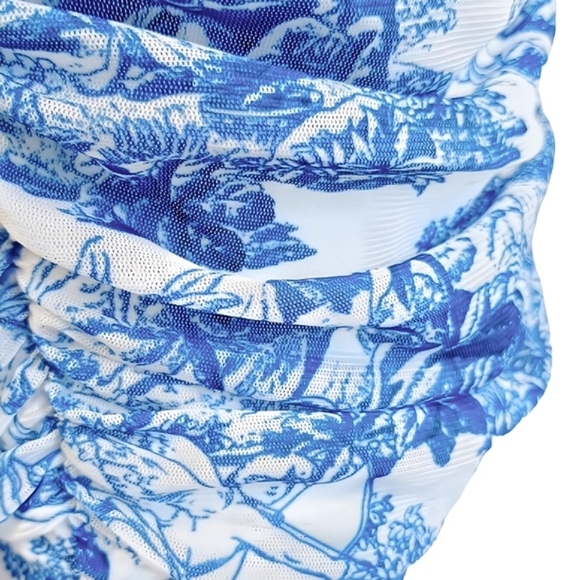 SHEIN Blue and White Toile Ruched Bodycon Mini Dress XS - Picture 5 of 6